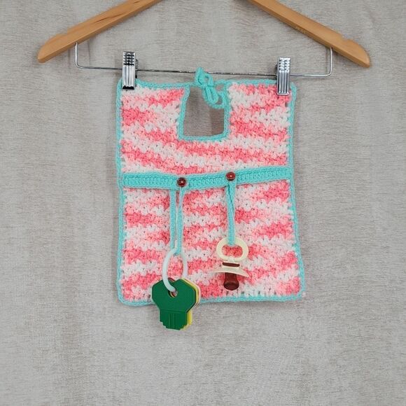 Playtime Bib Hand Crochet Pink & Mint With Toy Attachments Vintage 80s - Picture 1 of 8